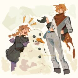  1boy 1girl :d ahoge ankle_boots antenna_hair black_boots black_coat black_gloves blank_speech_bubble boots braid brother_and_sister building_snowman carrot coat commentary cropped_legs dxnut00 english_commentary genshin_impact gloves grey_jacket grey_pants grin hair_between_eyes half_gloves hand_on_own_hip hand_up height_difference highres jacket lace-trimmed_coat lace_trim leaning_forward long_hair looking_at_another midriff_peek multicolored_jacket navel notice_lines open_mouth orange_hair outdoors pants purple_gloves purple_pants red_scarf scar scar_on_arm scar_on_cheek scar_on_face scarf short_eyebrows short_hair siblings sleeve_cuffs sleeves_rolled_up smile snow snowman speech_bubble standing tartaglia_(genshin_impact) teeth tonia_(genshin_impact) twin_braids twitter_username two-tone_jacket upper_teeth_only vision_(genshin_impact) white_background winter_clothes winter_coat 