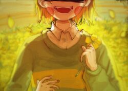  1other 2019 2d ambiguous_gender blurry blurry_background brown_hair chara_(undertale) collared_shirt db-bird digital_media film_grain flower green_sweater hands_up head_out_of_frame holding holding_flower horizontal-striped_clothes human long_sleeves open_mouth other_focus shirt short_hair single_horizontal_stripe solo straight-on striped_clothes striped_sweater sweater two-tone_sweater undertale upper_body utdr_(toby_fox) white_shirt yellow_background yellow_flower yellow_stripes 