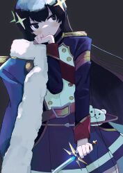  1girl :| absurdres badge belt belt_buckle black_eyeshadow black_hair blossom_bright_(dagger) blue_gem blue_jacket blue_skirt blush buckle buttons closed_mouth commentary_request cowboy_shot dagger dim_lighting double-breasted double-parted_bangs dutch_angle dutch_usagi epaulettes expressionless eyeshadow fur-trimmed_jacket fur_trim gem glowing glowing_weapon grey_background hair_between_eyes hand_on_own_chin head_rest highres holding holding_dagger holding_knife holding_weapon jacket jacket_on_shoulders kagura_hikari knife long_hair long_sleeves looking_to_the_side makeup mr._white_(revue_starlight) multicolored_jacket pleated_skirt red_sash sash shoujo_kageki_revue_starlight shoulder_sash sideways_glance simple_background single_horizontal_stripe skirt solo sparkle_hair_ornament star_(symbol) string striped_clothes striped_skirt stuffed_animal stuffed_toy teddy_bear two-tone_jacket weapon white_jacket yellow_trim 