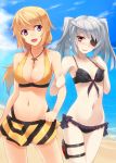  :d beach bikini bikini_skirt blonde_hair blue_sky breasts charlotte_dunois cleavage eyepatch flat_chest highres infinite_stratos jewelry laura_bodewig long_hair lowleg multiple_girls navel necklace ocean open_mouth pink_eyes prime purple_eyes red_eyes silver_hair sky smile swimsuit thigh_strap twintails violet_eyes wavy_mouth white_hair 