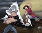 anchor closed_eyes crossover eyes_closed hat jeans male monkey_d_luffy muscle neckerchief one_piece pipe popeye sailor ship shorts straw_hat tattoo water 
