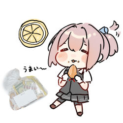  1girl blush_stickers chibi collared_shirt commentary_request dress_shirt eating food fruit gloves grey_hair grey_skirt grey_vest hair_wagging kantai_collection kaomoji_(sagor00237) lemon pleated_skirt ponytail shiranui_(kancolle) shirt short_hair simple_background skirt solo tongue tongue_out vest white_background white_gloves white_shirt 