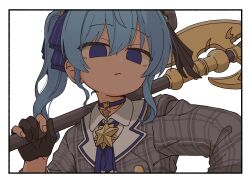  1girl absurdres axe beret black_border black_gloves blue_bow blue_eyes blue_hair bocchi-ya-nawi border bow closed_mouth collared_shirt commentary_request empty_eyes gloves grey_hat grey_jacket hair_bow hat highres holding holding_axe hololive hoshimachi_suisei hoshimachi_suisei_(1st_costume) jacket long_hair long_sleeves looking_at_viewer over_shoulder partially_fingerless_gloves plaid_clothes plaid_hat plaid_jacket shirt side_ponytail solo striped_bow tilted_headwear upper_body virtual_youtuber weapon weapon_over_shoulder white_background white_shirt 