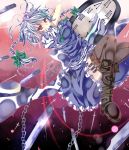  boots bow braid chain chains cross-laced_footwear heath41 highres izayoi_sakuya knife lace-up_boots maid maid_headdress red_eyes short_hair silver_hair solo the_embodiment_of_scarlet_devil throwing_knife touhou twin_braids watch weapon 