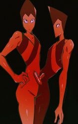  2girls antenna0203 black_background bodysuit colored_skin conjoined gem gem_(steven_universe) high_top_fade highres multiple_girls no_ears no_nose red_skin rutile_twins steven_universe tsurime 