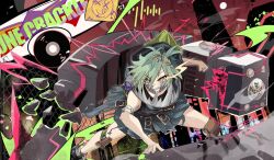  >:( 1girl armband bear_trap black_boots blue_dress boots broken broken_weapon chinese_commentary closed_mouth commentary_request disc dress duel_monster ellieve_vga english_text flaming_eye green_hair hair_ornament hood hoodie kewl_tune_clip knee_pads mask mouth_mask orange_eyes paperclip_hair_ornament pixiv_username solo teeth torn_clothes twitter_username v-shaped_eyebrows weapon x_hair_ornament yu-gi-oh! 