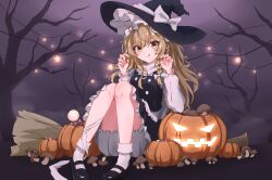 1girl :q absurdres apron bare_tree black_hat black_shoes black_skirt black_vest blonde_hair bloomers bow braid breasts broom chinese_commentary claw_pose closed_mouth commentary_request hair_bow halloween hat hat_bow highres hinanawi01 jack-o'-lantern kirisame_marisa long_hair looking_at_viewer mary_janes mushroom outdoors shoes side_braid single_braid sitting skirt small_breasts smile socks solo tongue tongue_out touhou tree vest waist_apron white_apron white_bloomers white_bow white_socks witch_hat yellow_eyes 