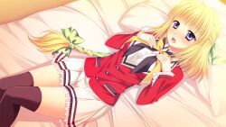  1girl ayamisiro bed_sheet black_bow blonde_hair blue_eyes blush bow bowtie buttons covered_groin dutch_angle embarrassed frills from_above from_side hair_bow half_updo jacket legs_together long_sleeves love-ressive low_ponytail lying miniskirt non-web_source nose_blush on_back open_mouth otonashi_ophilia_reo pleated_skirt ponytail red_jacket school_uniform skirt white_skirt wide_sleeves yellow_bow yellow_bowtie 