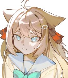 1girl absurdres ahoge animal_ears aqua_bow aqua_bowtie blue_eyes blue_sailor_collar bow bowtie brown_hair cardigan cat_ears closed_mouth commentary_request erwtgdsgs from_above hair_between_eyes hair_ornament hair_ribbon heart heart_hair_ornament highres long_hair neuro-sama neuro-sama_(1st_costume) red_ribbon ribbon sailor_collar simple_background solo two_side_up upper_body vedal_ai virtual_youtuber white_background yellow_cardigan