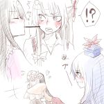  :t aoha_yuuki bad_id blush fujiwara_no_mokou heart houraisan_kaguya hug jealous kamishirasawa_keine mouth_hold multiple_girls pocky pocky_kiss pout shared_food touhou yuri 