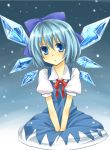  bad_id blue_eyes blue_hair bow cirno dress hair_bow perfect_cherry_blossom short_hair snow solo suzuho touhou wings 