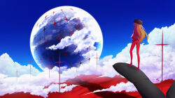  1girl black_gloves blonde_hair bodysuit clouds commentary cross day from_behind giant_hand gloves hat highres long_hair moon neon_genesis_evangelion pov rebuild_of_evangelion red_bodysuit scenery shiraiwa_usagi sky solo souryuu_asuka_langley standing 