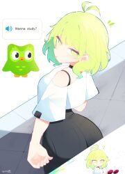  1girl ? absurdres antenna_hair black_pants bra_strap commentary duo_(duolingo) duolingo english_commentary green_eyes green_hair highres looking_at_viewer original pants red-tinted_eyewear shirt short_sleeves sunglasses tinted_eyewear tongue tongue_out white_shirt zahir_zb7 