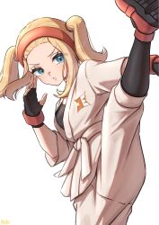  1girl black_shirt blonde_hair blue_eyes blush commentary_request dougi eyelashes fingerless_gloves gloves hairband highres josee_(pokemon) karate_gi kicking long_sleeves mochitaro_(mothitaroo) open_mouth pants pokemon pokemon_legends:_z-a red_hairband shirt sidelocks simple_background solo twintails white_background white_pants 