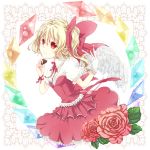  alternate_costume alternate_wings blonde_hair chocolate crystal dress flandre_scarlet flower gloves highres jewelry necklace red_eyes red_rose ribbon rose side_ponytail solo touhou wings zatsumi 