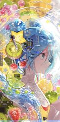  1girl blue_eyes blue_hair cable cherry closed_mouth commentary english_commentary eyelashes food food-themed_background from_side fruit fruit_background fruit_hat_ornament grapes hair_between_eyes hair_ornament hair_over_shoulder hairclip happy hatsune_miku highres huli_xiaobai kiwi_(fruit) lemon lemon_slice lime_(fruit) lime_slice liquid_hair long_hair long_hair_between_eyes looking_ahead pointy_nose shirt smile solo starfruit turtleneck turtleneck_shirt twintails upper_body very_long_hair vest vocaloid water_drop white_background white_shirt yellow_vest 