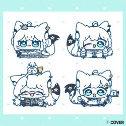  1girl :3 ;3 ^_^ ahoge animal_ears aqua_eyes black-framed_eyewear blush brown_sweater_vest chibi chibi_only closed_eyes commentary_request company_name copyright_notice crown double_v flat_color fox_ears fox_girl fox_tail fubuzilla_(shirakami_fubuki) glasses hair_between_eyes hair_ornament heart heart-shaped_pupils hololive jacket mini_crown multiple_views necktie official_alternate_costume official_alternate_hairstyle official_art one_eye_closed open_mouth pentagram sample_watermark semi-rimless_eyewear shirakami_fubuki shirakami_fubuki_(fbkingdom) shirakami_fubuki_(fubukitek) shirakami_fubuki_(fubumio) shirakami_fubuki_(waitress) sukonbu_(shirakami_fubuki) sweater_vest symbol-shaped_pupils tail v virtual_youtuber watermark white_hair white_jacket yananang yellow_necktie 