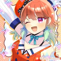  1girl :d ;d beret black_bow blush bow breasts chef_hat choker collarbone commentary_request detached_sleeves diagonal-striped_background gradient_hair green_bow green_choker green_hair hair_between_eyes hat hololive hololive_english jacket kou_hiyoyo long_sleeves looking_at_viewer medium_breasts multicolored_hair one_eye_closed orange_hair orange_hat orange_jacket pixelated print_bow puffy_long_sleeves puffy_sleeves shirt sleeveless sleeveless_jacket sleeveless_shirt smile solo sparkle star_(symbol) star_print striped_background takanashi_kiara takanashi_kiara_(1st_costume) tilted_headwear twitter_username upper_body violet_eyes virtual_youtuber white_hat white_shirt white_sleeves 