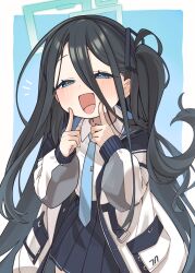  1girl absurdres aqua_halo aris_(blue_archive) black_hair black_hairband black_skirt blue_archive blue_background blue_eyes blue_necktie collared_shirt commentary_request fingers_to_cheeks gradient_hair hair_between_eyes hairband halo highres jacket long_bangs long_hair long_sleeves multicolored_hair necktie open_clothes open_jacket open_mouth pleated_skirt school_uniform shirt simple_background skirt sleeves_past_wrists smile solo sumiyama_sui very_long_hair white_jacket white_shirt 
