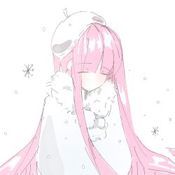  beret chinese_commentary commentary_request commission fur-trimmed_shirt fur_trim hat highres long_hair long_sidelocks long_sleeves miracle_nikki nikki_(nikki) nikki_(series) partially_colored pink_hair pom_pom_(clothes) procreate_(medium) puffy_long_sleeves puffy_sleeves qingzhuo shirt sidelocks simple_background sketch snowflakes snowing straight_hair very_long_hair white_background winter_angel_(miracle_nikki) winter_clothes 