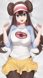  1girl bed black_pantyhose blue_eyes blush breasts brown_hair commentary_request donut_hair_bun double_bun hair_bun highres iwbitu large_breasts long_hair looking_at_viewer on_bed open_mouth pantyhose pokemon pokemon_black_2_and_white_2 raglan_sleeves rosa_(pokemon) shirt shorts smile solo twintails visor_cap yellow_shorts 