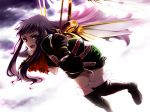  boots cave_(developer) cravat espgaluda fingerless_gloves flying gloves hands long_hair open_mouth outstretched_arm outstretched_hand purple_hair reaching seseri solo thigh-highs thigh_boots thighhighs uuta_(uturautouto) wings 