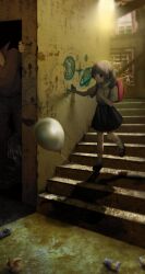  1girl backpack bag balloon black_shoes black_skirt can closed_mouth commentary_request concrete drawstring graffiti grey_hair guiltyskullu hand_on_wall hood hood_down hoodie horror_(theme) indoors mary_janes medium_hair monster on_stairs original pink_bag shadow shoes short_sleeves short_twintails skirt socks stairs stairwell standing trash trash_bag twintails violet_eyes walking white_hoodie white_socks wide_shot 