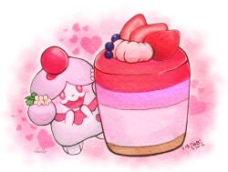 blueberry blush bonne_etoile bright_pupils commentary_request flower food fruit heart no_humans open_mouth pink_eyes pokemon pokemon_(creature) signature slurpuff strawberry white_flower white_pupils 