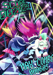  1boy 1girl 1other :| absurdres animal_ears blue_hair blue_skin blurry closed_eyes closed_mouth colored_skin combo commentary_request concert covered_eyes deltarune drum drum_set electric_guitar furry furry_male gameplay_mechanics glasses goat_boy goat_ears goat_horns green-framed_eyewear green_hair guitar highres holding holding_microphone horns instrument kris_(dark_world)_(deltarune) kris_(deltarune) kris_(lightners_live)_(deltarune) microphone mohawk motion_blur open_mouth playing_instrument ralsei ralsei_(lightners_live) rhythm_game round_eyewear score shaded_face short_hair singing stage_lights susie_(dark_world)_(deltarune) susie_(deltarune) susie_(lightners_live)_(deltarune) utdr_(toby_fox) watawata22 