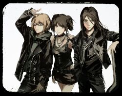  1girl 2boys absurdres armin_arlert bare_shoulders black-framed_eyewear black_border black_hair black_jacket black_pantyhose black_shirt black_skirt blonde_hair border breasts chain chain_necklace choker closed_mouth commentary cowboy_shot eren_yeager facial_mark glasses guitar_case hair_between_eyes highres instrument_case jacket jewelry leather leather_jacket light_blush medium_breasts medium_hair mikasa_ackerman miniskirt multiple_boys necklace official_alternate_hairstyle pantyhose parted_lips shingeki_no_kyojin shingeki_no_school_castes shirt short_twintails skirt sleeveless sleeveless_shirt studded_choker studs tsukihime twintails untranslatable_commentary v white_background yuno_11_02 