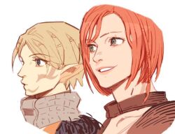  2girls alternate_eye_color animification blonde_hair bob_cut bw2gold commentary dragon_age dragon_age:_origins elf english_commentary facial_tattoo green_eyes grey_warden leliana_(dragon_age) multiple_girls orange_hair pointy_ears portrait short_hair smile tattoo white_background 