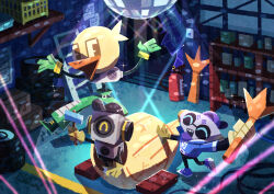  3boys ^_^ absurdres black_hat box cap'n_(deltarune) cardboard_box closed_eyes commentary_request deltarune disco_ball fire_extinguisher from_above gloves green_gloves green_pants hammer hat highres holding holding_hammer humanoid_robot indoors k_k_(deltarune) male_focus multiple_boys open_mouth outstretched_arms pants robot shelf sparkle sweet_(deltarune) utdr_(toby_fox) watawata22 yellow_gloves 