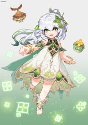  1girl a389nsd absurdres anklet aranara_(genshin_impact) armlet artist_name bare_shoulders bloomers braid cape commentary_request copyright_notice cross-shaped_pupils dress genshin_impact gold_anklet gold_armlet gradient_background green_background green_cape green_hair green_sleeves hair_ornament half_crown_braid highres jewelry korean_commentary leg_up long_hair looking_at_viewer multicolored_hair nahida_(genshin_impact) open_mouth pointy_ears side_ponytail signature sleeveless sleeveless_dress smile stirrup_footwear symbol-shaped_pupils two-tone_hair white_background white_bloomers white_hair 