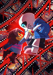  1boy 1other absurdres black_sclera blue_eyes blue_jacket blue_shorts blue_sweater boots brown_boots brown_hair chara_(undertale) colored_sclera colored_skin commentary_request duel evil_smile film_reel frisk_(undertale) from_side full_body genocide_route_(undertale) grin hands_in_pockets highres holding holding_knife jacket knife open_mouth outstretched_arm pink_slippers profile red_eyes sans_(undertale) short_hair shorts signature slippers smile sweater undertale utdr_(toby_fox) watawata22 white_skin yellow_skin 