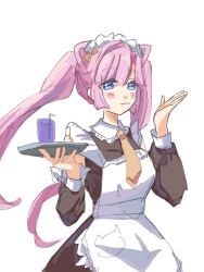  1girl :3 animal_ears anyoji_hime apron black_dress blue_eyes blush cat_ears cat_girl closed_mouth commentary_request detached_sleeves dress frilled_apron frilled_sleeves frills highres holding holding_tray kemonomimi_mode long_hair long_sleeves looking_at_viewer love_live! love_live!_hasu_no_sora_jogakuin_school_idol_club maid maid_apron maid_headdress nyan_nyan_nyan_fair_in_gamers pink_hair simple_background sleeveless sleeveless_dress smile solo tikuwa_l tray twintails virtual_youtuber white_apron white_background 