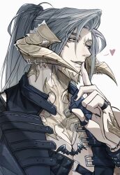  absurdres au_ra bat_necklace black_jacket black_nails body_markings commentary dragon_boy dragon_horns duo_he_dian_guigushi face_piercing facial_mark final_fantasy final_fantasy_xiv finger_to_mouth grey_hair highres horns jacket jewelry lip_piercing long_hair looking_at_viewer multiple_rings nail_polish parted_bangs parted_lips piercing ponytail ring smile untranslatable_commentary upper_body warrior_of_light_(ff14) white_eyes 