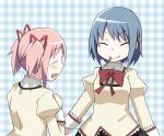  blue_hair blush closed_eyes commentary_request eyes_closed food hair_ribbon kaname_madoka mahou_shoujo_madoka_magica miki_sayaka mouth_hold multiple_girls open_mouth pink_hair pocky ribbon school_uniform shirika short_hair short_twintails smile twintails 