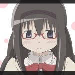  akemi_homura black_hair braid glasses hairband mahou_shoujo_madoka_magica purple_eyes red-framed_glasses school_uniform smile solo spoilers twin_braids violet_eyes yagami_kamiya 