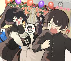  !? 1girl 1other 2boys asahi_sas_brutus au_ra balloon black_hair black_skirt blunt_bangs blush clock closed_eyes closed_mouth final_fantasy final_fantasy_xiv final_fantasy_xiv:_eorzea_gakuen flower gakuran glaa_da hair_flower hair_ornament highres holding horns hyur izumi_tol_amulius jacket long_hair maid mole multiple_boys neckerchief official_alternate_costume one_eye_closed open_mouth red_eyes sailor_collar school school_festival school_uniform serafuku short_hair skirt smile sweatdrop tail yotsuyu_goe_brutus zenos_yae_galvus 