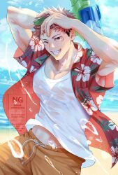  1boy armpits arms_up beach black_hair blue_sky brown_eyes brown_shorts collarbone commentary_request covered_pectorals drawstring floating_clothes grin highres itadori_yuji jujutsu_kaisen looking_at_viewer male_focus midriff_peek multicolored_hair ocean open_clothes open_shirt outdoors pectoral_cleavage pectorals pink_hair shirt shorts sky smile solo t-shirt takotakojuju teeth two-tone_hair undercut water_gun watermark wet white_shirt 