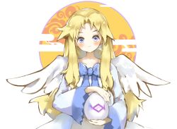  1girl alternate_eye_color bird_girl bird_wings blonde_hair blue_bow blue_dress blush bow chest_bow child closed_mouth commentary_request curtained_hair dress earrings egg feathered_wings filo_(tate_no_yuusha_no_nariagari) forehead highres holding holding_egg jewelry light_smile long_hair long_sidelocks long_sleeves looking_at_viewer orange_background sidelocks solo sparkle straight-on tate_no_yuusha_no_nariagari two-tone_dress upper_body violet_eyes white_background white_dress white_wings wide_sleeves wings yellow_background yu_zhi_zha 