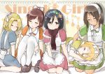  5girls absurdres alternate_costume annie_leonhardt apron bloomers christa_renz closed_eyes flower hairband highres lap_pillow manami723 mikasa_ackerman multiple_girls sasha_browse scarf shingeki_no_kyojin thigh-highs underwear white_legwear ymir_(shingeki_no_kyojin) 