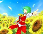  ascot flower green_hair kazami_yuuka plaid plaid_skirt plaid_vest short_hair skirt skirt_set smile solo sunflower taichi_(tomo) tartan tomo_(pixiv245623) touhou youkai 