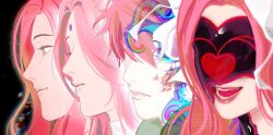  1girl alien_stage artemyeva commentary english_commentary forehead_jewel heart highres long_hair mizi_(alien_stage) multiple_persona pink_hair short_hair watermark yellow_eyes zombie_stage 