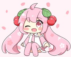  1girl :d ;d ahoge blush_stickers cherry_hair_ornament chibi chibi_only commentary_request detached_sleeves double-parted_bangs falling_petals food-themed_hair_ornament full_body hair_ornament hatsune_miku long_hair necktie nukotun one_eye_closed open_mouth petals pink_background pink_eyes pink_hair pink_necktie sakura_miku sitting smile solo twintails very_long_hair vocaloid 