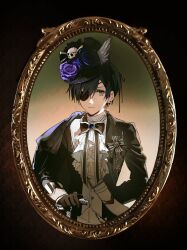  1boy absurdres arm_behind_back ascot black_bow black_bowtie black_gloves black_hair black_hat black_jacket blue_eyes blue_flower blue_rose bow bowtie cane ciel_phantomhive closed_mouth eyepatch flower gloves hair_between_eyes hat hat_flower hat_ornament highres holding holding_cane jacket kuroshitsuji male_focus picture_frame portrait purple_flower purple_rose rose shirt short_hair skull_hat_ornament solo suit_jacket white_ascot white_shirt yuno_11_02 