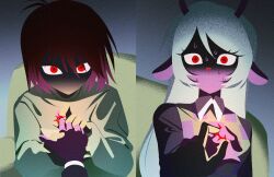  1girl 1other animal_ears antlers blonde_hair brown_hair checkered_clothes checkered_sweater_vest checkered_vest commentary deer_antlers deer_ears deer_girl deltarune eyelashes furry furry_female highres holding_hands horns korean_commentary kris_(deltarune) multiple_pov nervous_sweating no_mouth noelle_holiday partially_shaded_face pg5374 pov red_eyes reindeer_girl sweat thorn_ring_(deltarune) two-tone_sweater_vest upper_body utdr_(toby_fox) vest weird_route_(deltarune) 