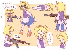  1girl :d absurdres apron blonde_hair blue_eyes blue_skirt blush_stickers bocchi-ya-nawi border brown_background closed_eyes collared_shirt commentary_request cropped_torso english_text firing flying_sweatdrops frilled_apron frilled_skirt frills grey_shirt grey_skirt grey_socks gun hair_between_eyes hairband highres holding holding_gun holding_weapon lying multiple_views necktie on_side open_mouth original purple_vest red_hairband red_necktie red_shoes shirt shoes sig_sg553r skirt sleeping smile socks translation_request trigger_discipline vest waist_apron wavy_mouth weapon white_border 
