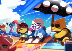  1other 2boys 2girls :| =_= absurdres alphys beach black_shorts blue_jacket blue_sky brown_shorts closed_eyes closed_mouth clouds colored_skin commentary_request cup day drinking eyewear_on_head food food_on_face frisk_(undertale) grin heart heart-shaped_eyewear highres holding holding_cup holding_ice_cream_cone ice_cream_cone jacket mad_mew_mew multiple_boys multiple_girls no_nose ocean outdoors papyrus_(undertale) parasol pink_slippers shorts signature simple_bird sitting sky slippers smile sparkle sunglasses sweat umbrella undertale undyne unworn_slippers utdr_(toby_fox) watawata22 yellow_skin 