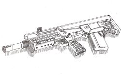  bocchi-ya-nawi bullpup commentary_request greyscale gun highres kel-tec_rfb monochrome no_humans original rifle shadow simple_background weapon weapon_focus white_background 